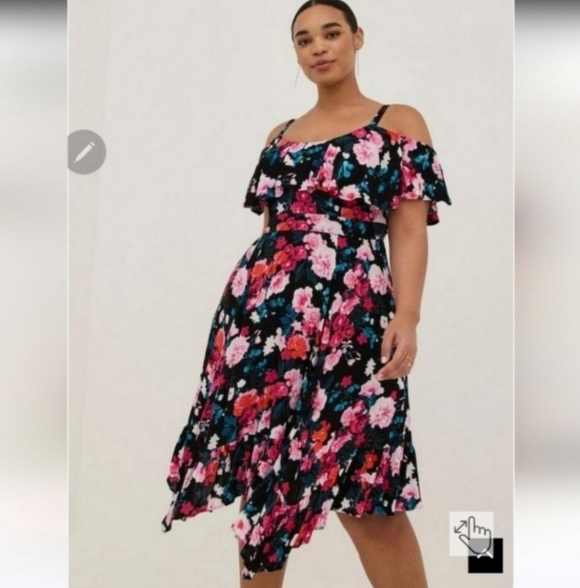 Torrid 3 Hanky Hem Ruffle Skater Midi Dress - Gauze Floral Black - Picture 1 of 3